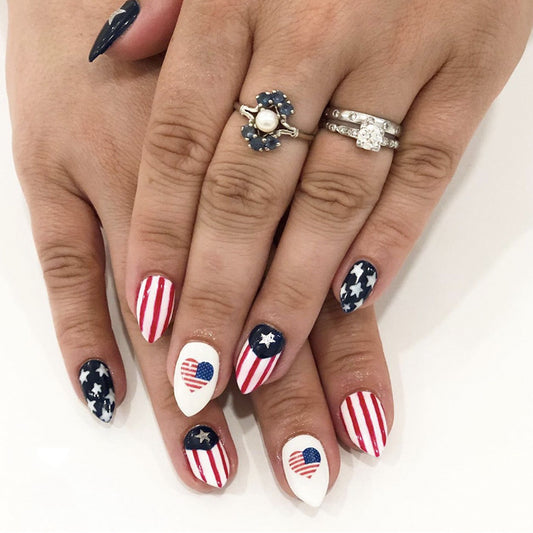 Patriotic Stiletto Medium Press On Nail Set Blue Red White Star Spangled Design
