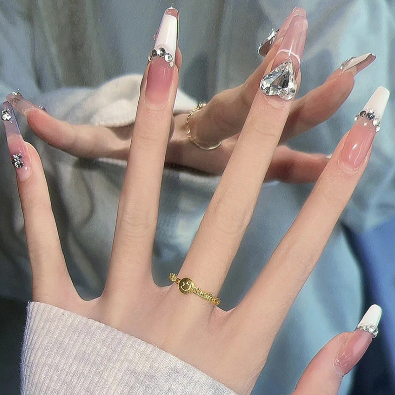 Elegant Bridal Extra Long Coffin Pink and White Ombr‚âàŒ© Press-On Nail Set with Rhinestone Accents