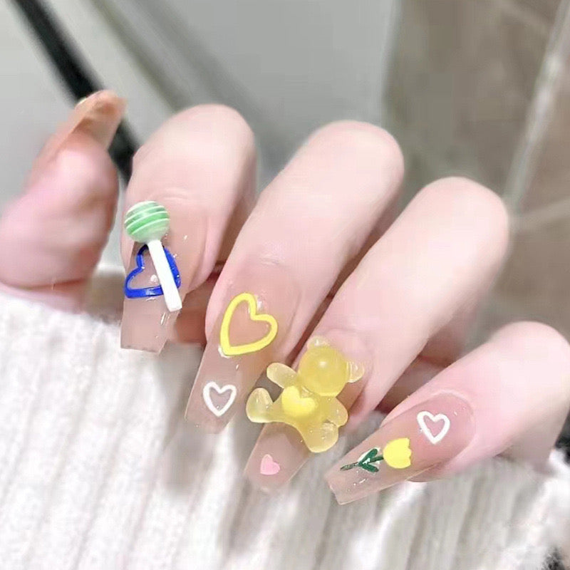 Summer Sweetheart Long Coffin Transparent Press On Nails with 3D Colorful Hearts and Fruit Charms