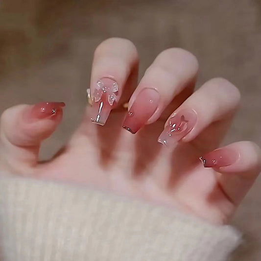 Enchanting Elegance Long Coffin Gradient Pink Press on Nail Set with Stylish Embedded Design