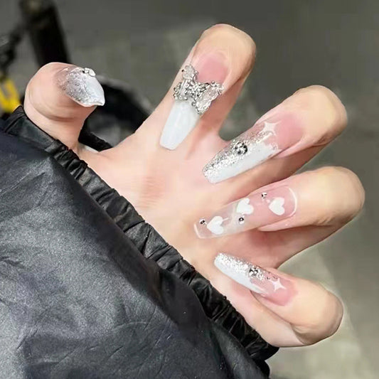 Enchanted Elegance Extra-Long Coffin Shaped Press On Nails with Ombre Glitter and Rhinestone Accents