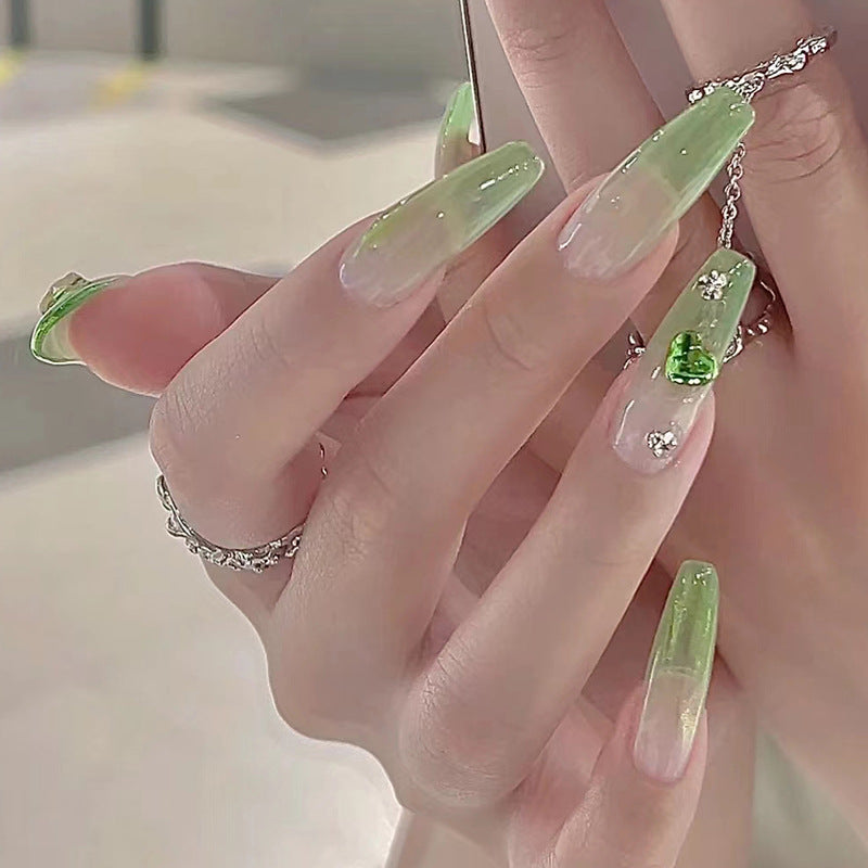 Enchanted Garden Long Coffin Gradient Green Press On Nail Set with Rhinestone Accents