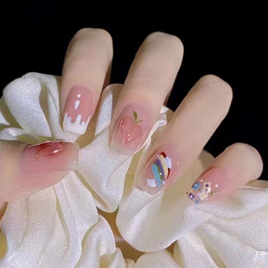 Enchanted Garden Medium Square Pastel Pink Press On Nail Set with Floral Art and Crystal Embellishments