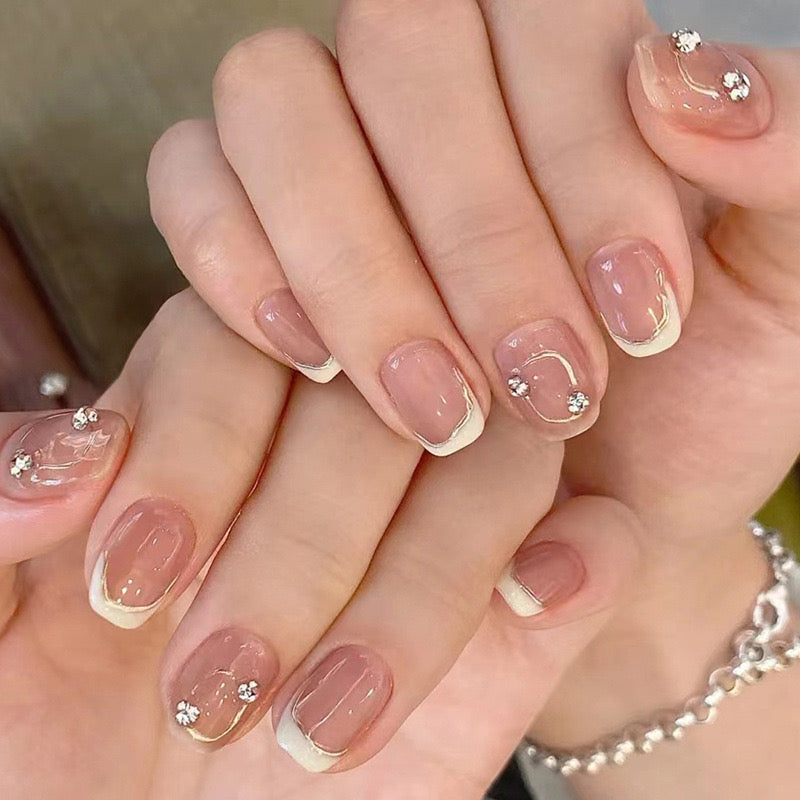 Enchanted Elegance Short Square Beige French Tip Press On Nail Set with Crystal Accents