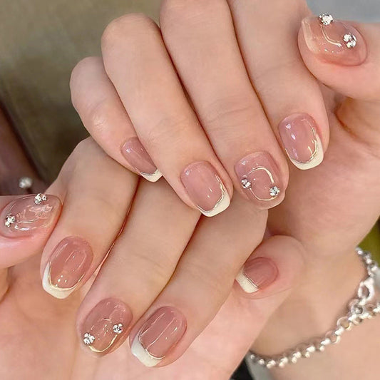 Enchanted Elegance Short Square Beige French Tip Press On Nail Set with Crystal Accents