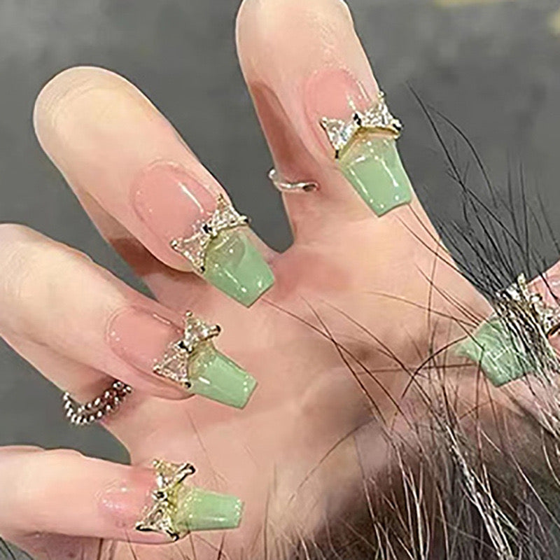 Enchanted Forest Long Coffin Mint Green Press On Nail Set with Sparkling Butterfly Accents