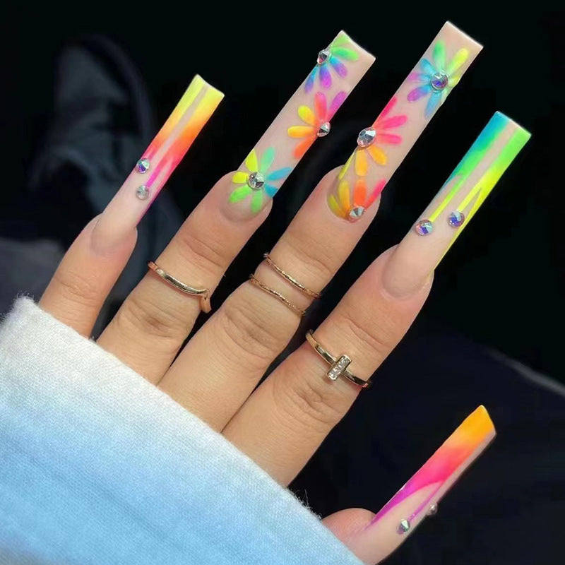 Tropical Escape Extra Long Coffin Multicolor Ombre Press On Nail Set with Rhinestone Accents