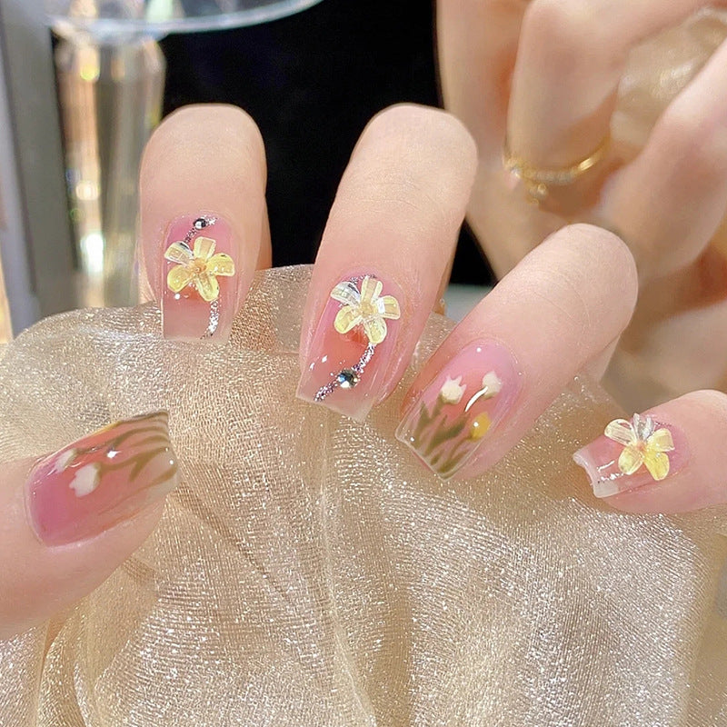 Spring Blossom Extravaganza Medium Square Pink Floral Glitter Press On Nail Set