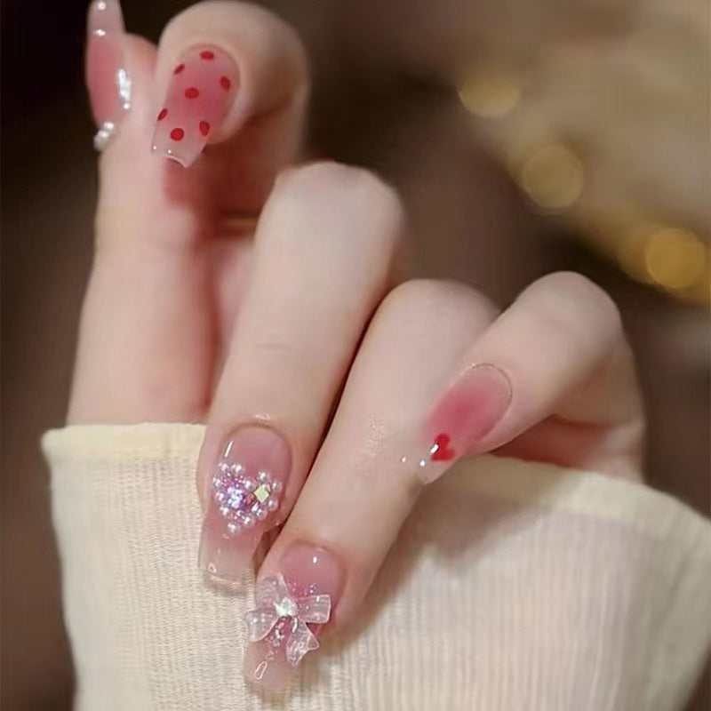 Enchanted Elegance Long Coffin Shape Pink Glitter Accent Press On Nail Set with 3D Bow Design