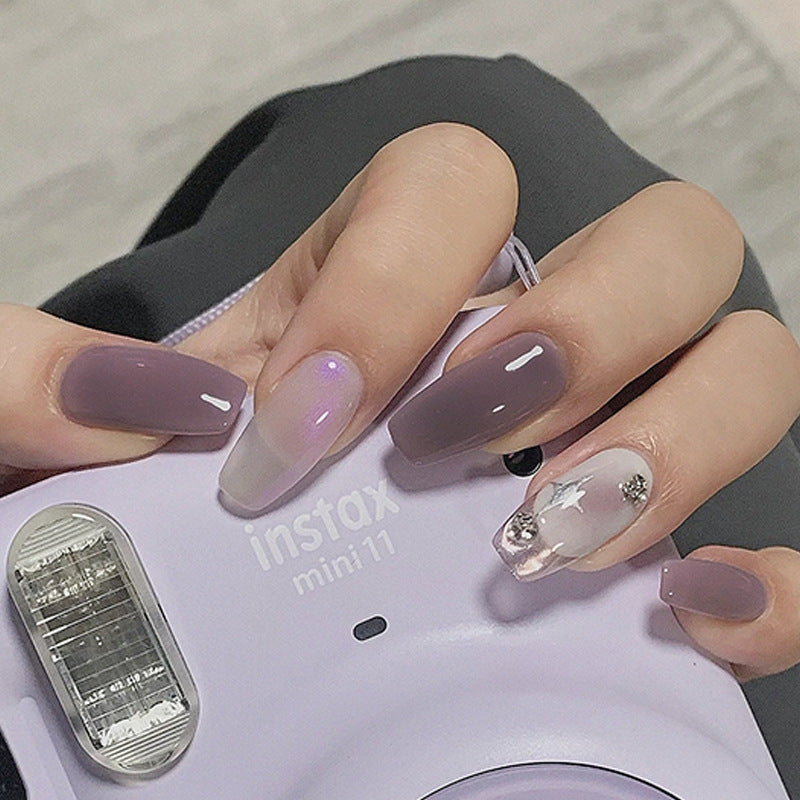 Starry Night Elegance Medium Coffin-Shaped Mauve Press On Nails with Crystal Accent