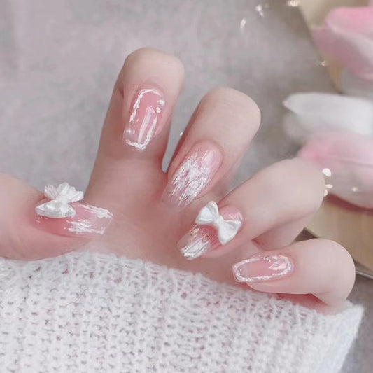 Elegant Bridal Medium Coffin Pink Press On Nail Set with 3D Bow Accents