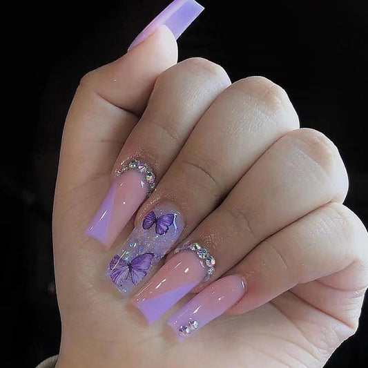 Enchanted Butterfly Theme Long Coffin Shape Lavender Color Press on Nail Set with Sparkling Accents
