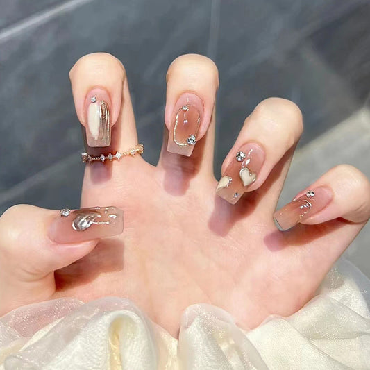 Elegant Bridal Collection Long Coffin Shape Beige Press On Nail Set with Rhinestone Accents