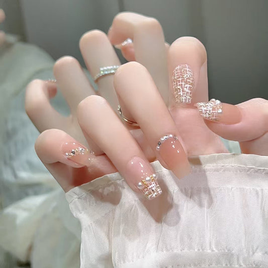 Chic Elegance Long Coffin Beige Press on Nail Set with Glittering Embellishments