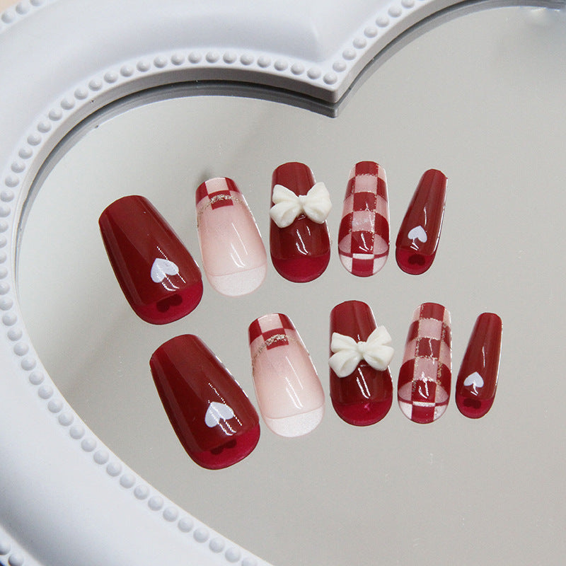 Charming Romance Medium Coffin Red Press On Nail Set with Heart and Bow Accents