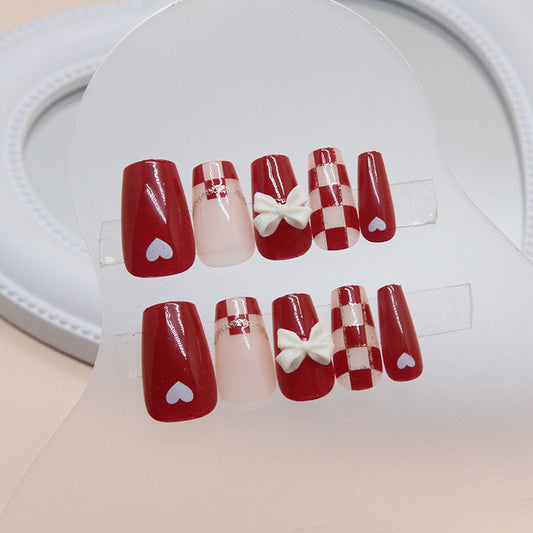Charming Romance Medium Coffin Red with Heart and Bow Design Press On Nail Set