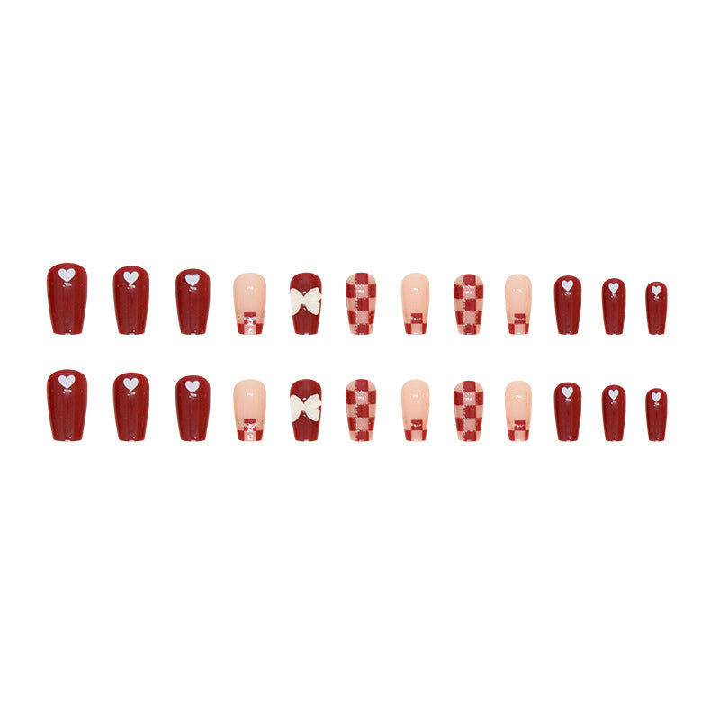 Romantic Red Heart Medium Coffin Shaped Press On Nail Set Featuring Charming Bow and Checkerboard Designs
