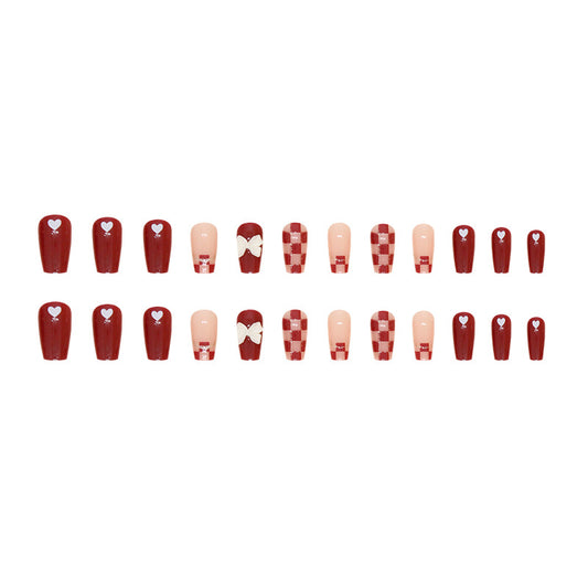 Romantic Red Heart Medium Coffin Shaped Press On Nail Set Featuring Charming Bow and Checkerboard Designs