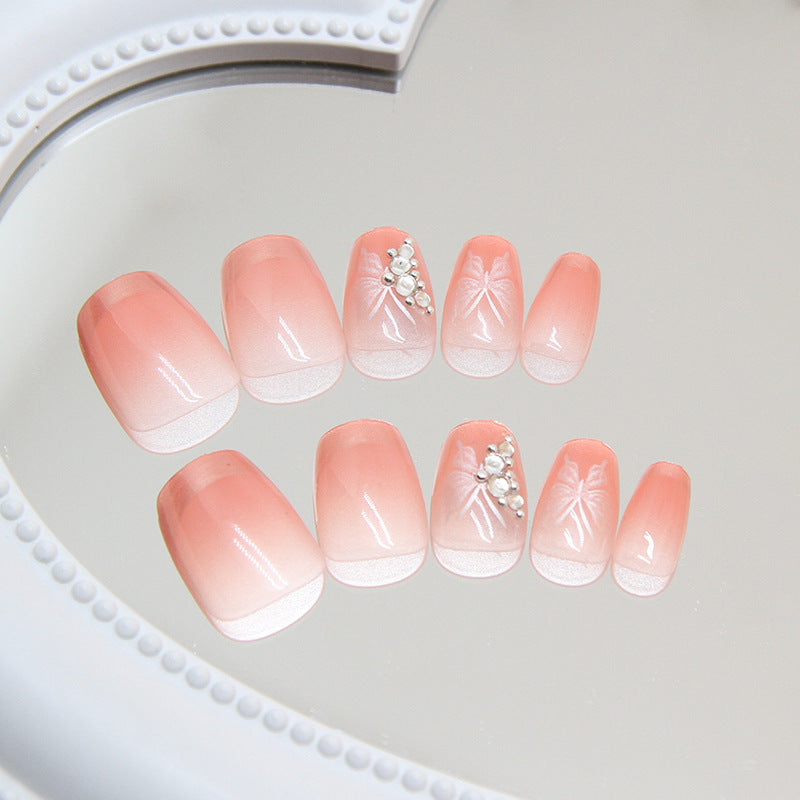 Chic Blossom Short Square Shaped Gradient Pink Press On Nail Set with Dazzling Pearl Accents