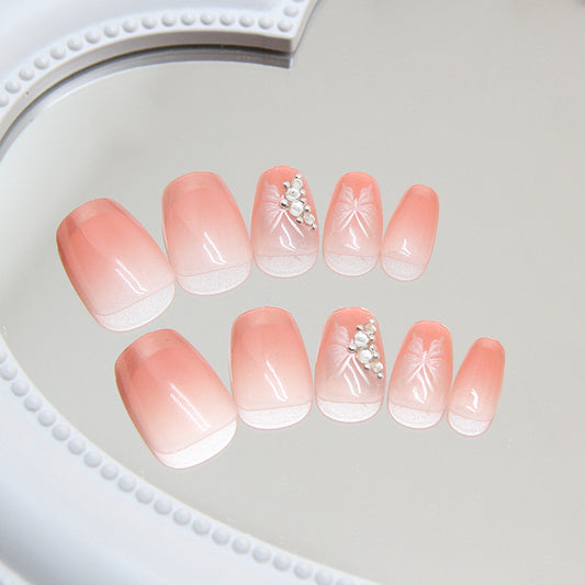 Chic Blossom Short Square Shaped Gradient Pink Press On Nail Set with Dazzling Pearl Accents