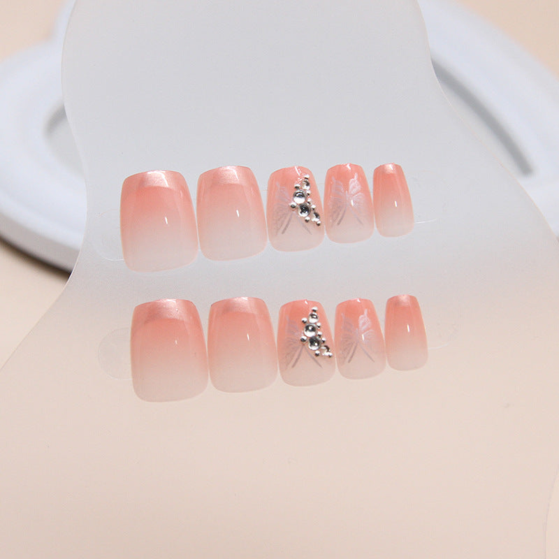 Enchanting Blossoms Elegant Short Square Ombre Pink Press-On Nail Set with Decorative Silver Accents