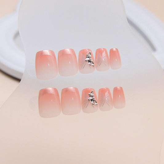 Enchanting Blossoms Elegant Short Square Ombre Pink Press-On Nail Set with Decorative Silver Accents
