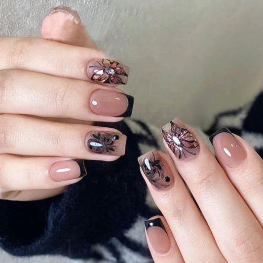 Enchanted Elegance Medium Length Square Tip Taupe and Black Press On Nail Set with Floral Accents