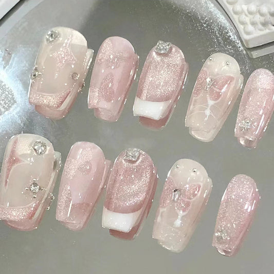 Whimsical Elegance Medium Square Blush Pink Shimmer Press On Nail Set with Sparkling Accents