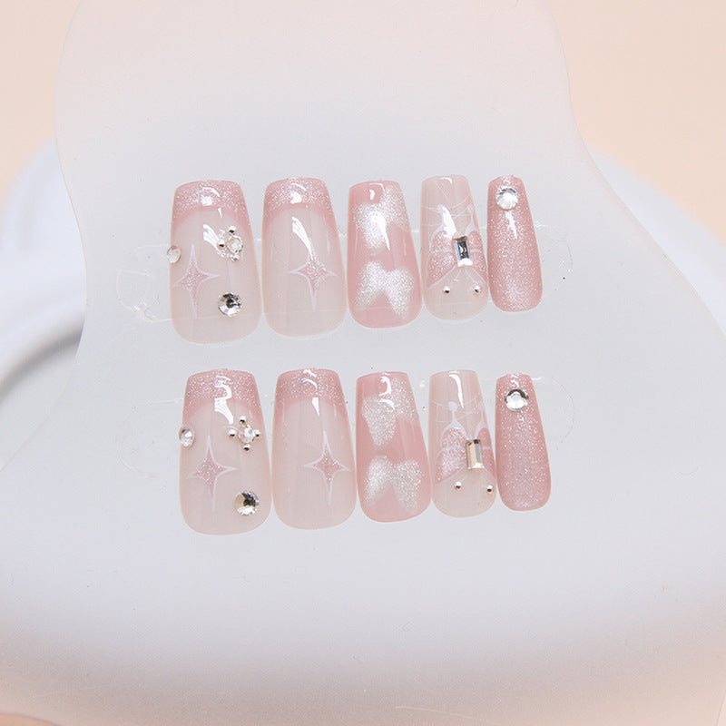 Dreamy Starry Nights Pink Medium Square Press On Nail Set with Shimmer and Sparkle Enhancements