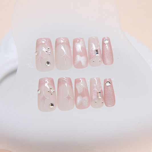 Dreamy Starry Nights Pink Medium Square Press On Nail Set with Shimmer and Sparkle Enhancements