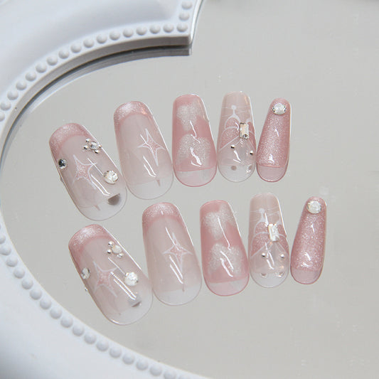 Elegant Sparkle Medium Length Coffin Pink Press On Nails with Rhinestone Accents
