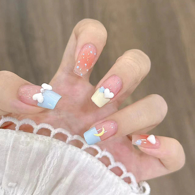 Sunny Daydreams Short Round Pastel Cloud and Raindrop Design Press On Nail Set