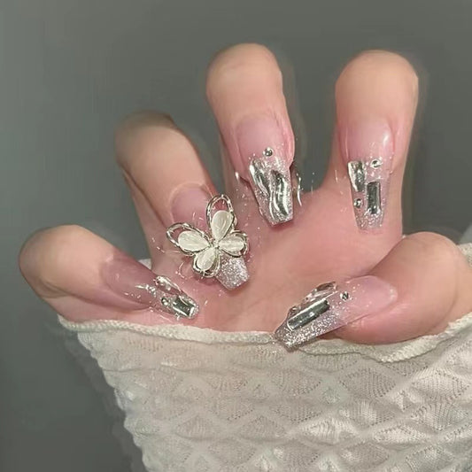 Butterfly Dream Long Coffin Pink Glitter Press On Nail Set with 3D Embellishments