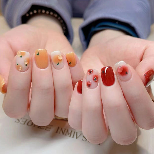 Autumn Harvest Short Square Orange and Red Press On Nail Set with Floral Accents and Pearl Details