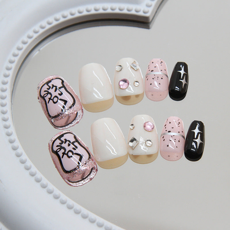 Chic Glamour Medium Square White Pink Black Press On Nails with Glitter and Rhinestone Accents