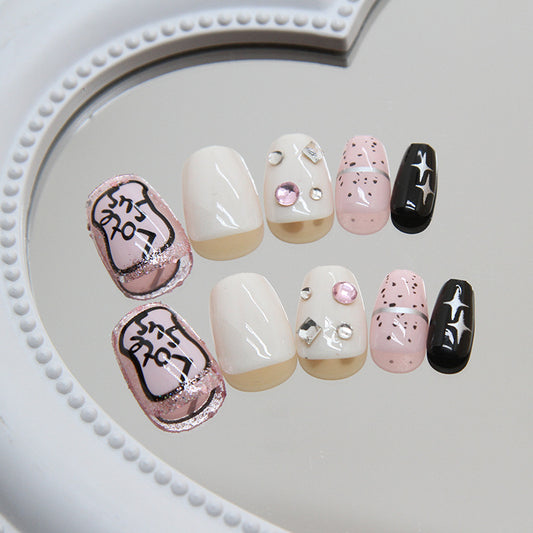 Chic Glamour Medium Square White Pink Black Press On Nails with Glitter and Rhinestone Accents