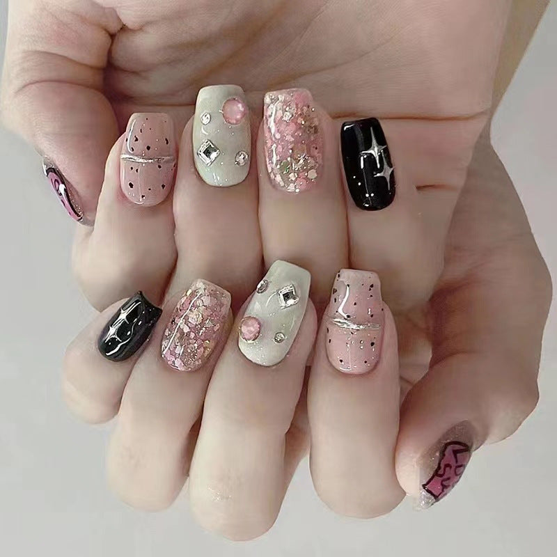Glamorous Pink and Black Square Medium Press On Nail Set with Glitter and Gemstone Accents