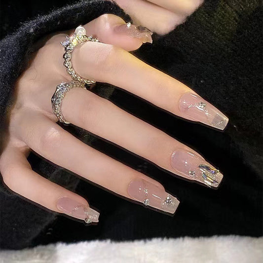 Enchanted Elegance Medium Coffin Shape Beige Press On Nail Set with Crystal Accents and Glitter Detail