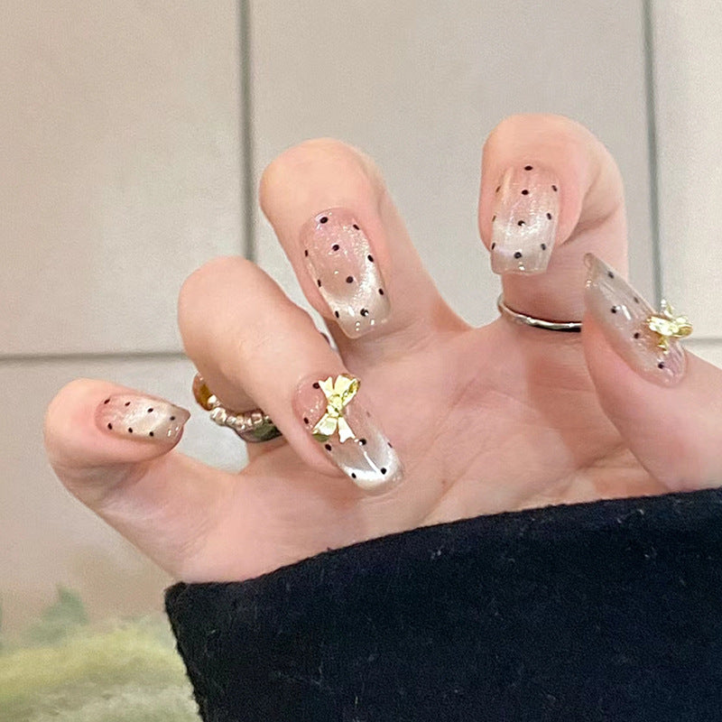 Elegant Butterfly Affair Medium Square Beige Glitter Press On Nail Set with 3D Gold Embellishments
