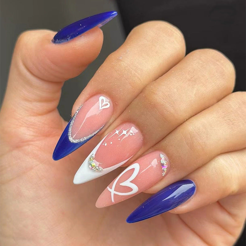 Enchanted Elegance Extra Long Stiletto Blue Ombre Press On Nails with Sparkling Rhinestone Accents and Heart Design