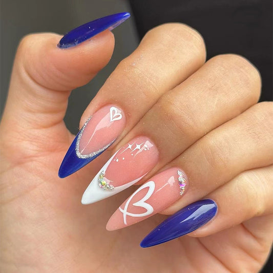 Enchanted Elegance Extra Long Stiletto Blue Ombre Press On Nails with Sparkling Rhinestone Accents and Heart Design