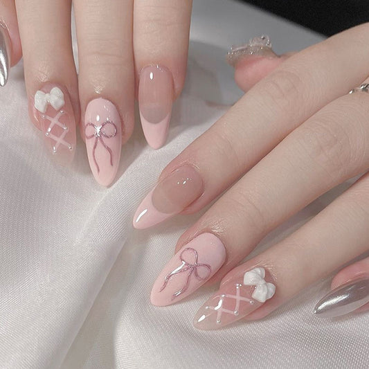 Elegant Ballet Slipper Medium Almond Press On Nails Set with Pink Ombre and 3D Bow Accents