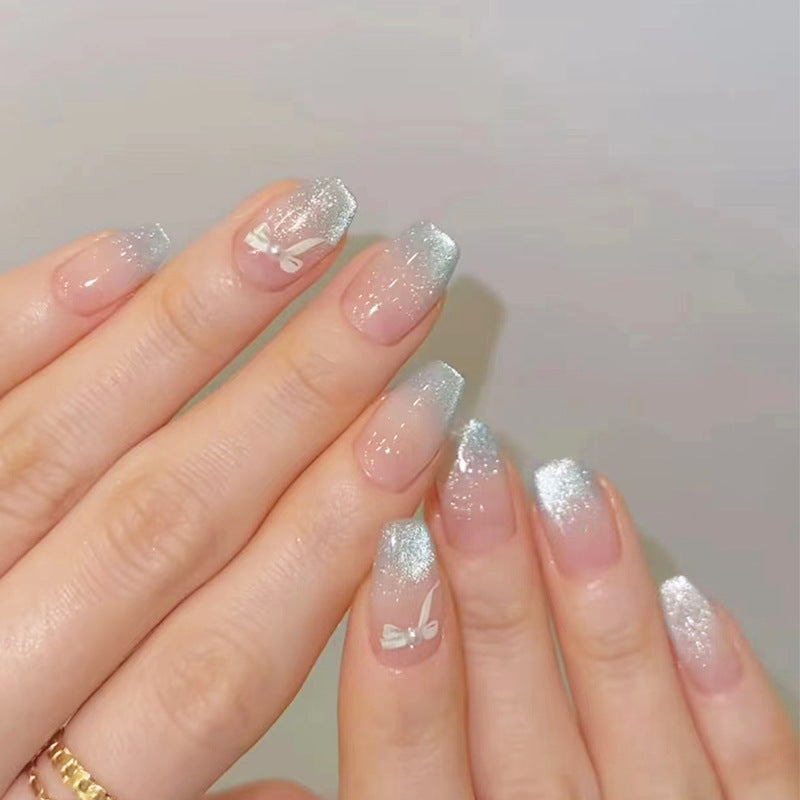 Enchanted Frost Medium Coffin Sparkling Silver Gradient Press On Nail Set with Butterfly Accents