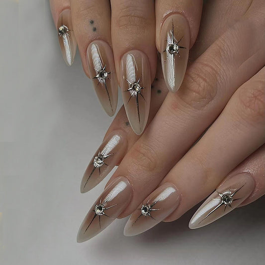 Starry Elegance Long Stiletto Beige Press On Nail Set with Sparkling Rhinestone Accents