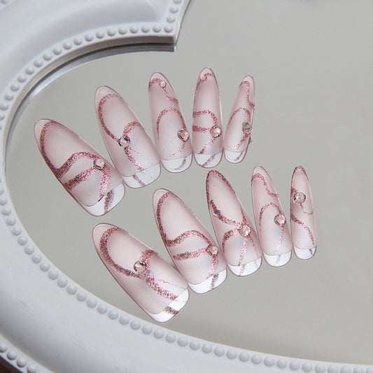 Elegant Bridal Long Almond Pink Press On Nail Set with Glitter Accents and Rhinestone Embellishments