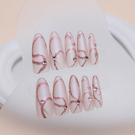 Enchanted Elegance Long Almond Pink Glitter Accent Press On Nail Set