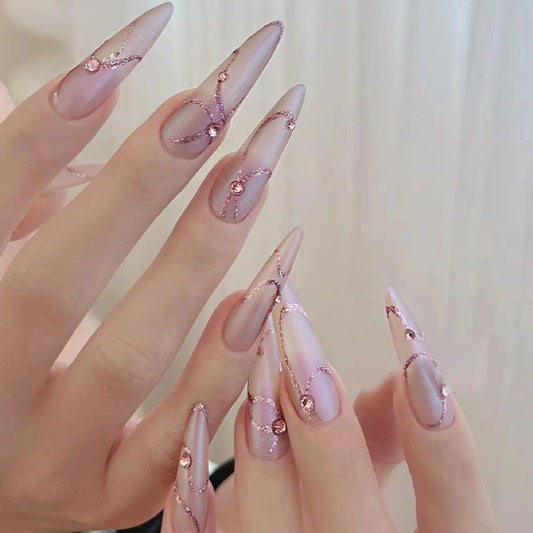Elegant Bridal Long Stiletto Pink Glitter Embellished Press On Nail Set for Special Occasions