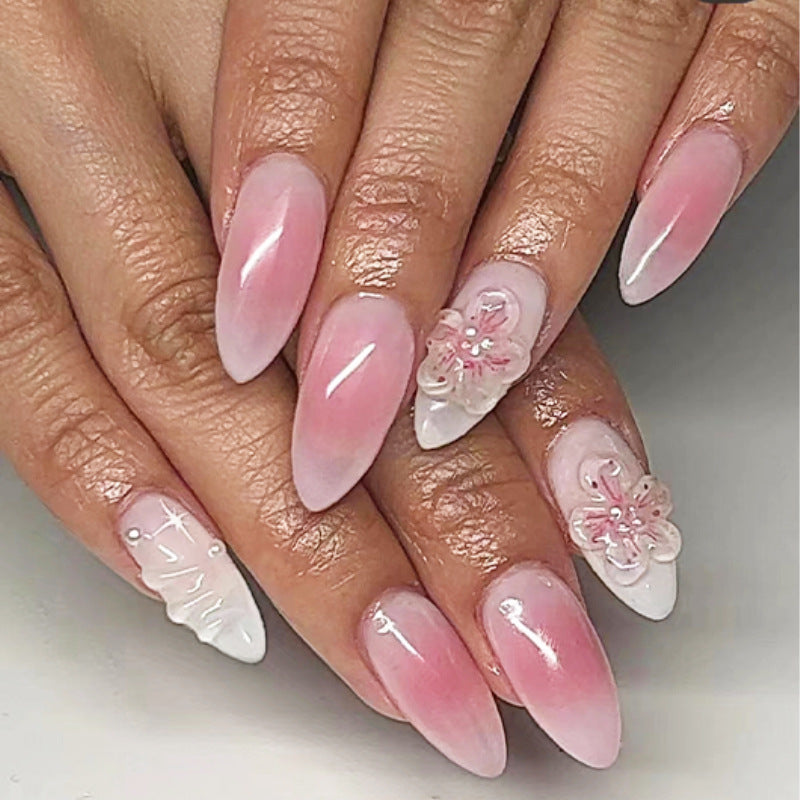 Enchanted Garden Long Almond Pink Press On Nails with 3D Flower Art Design