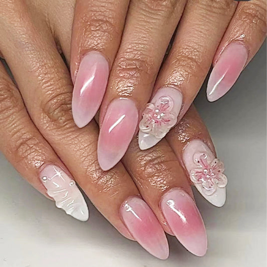 Enchanted Garden Long Almond Pink Press On Nails with 3D Flower Art Design