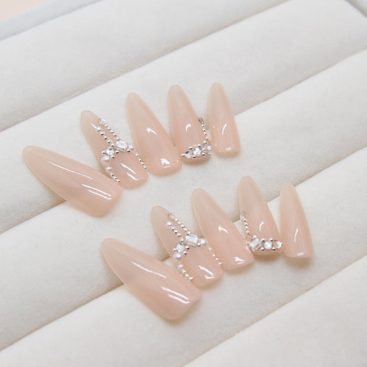 Elegant Soiree Long Stiletto Beige Press On Nail Set with Rhinestone Accents